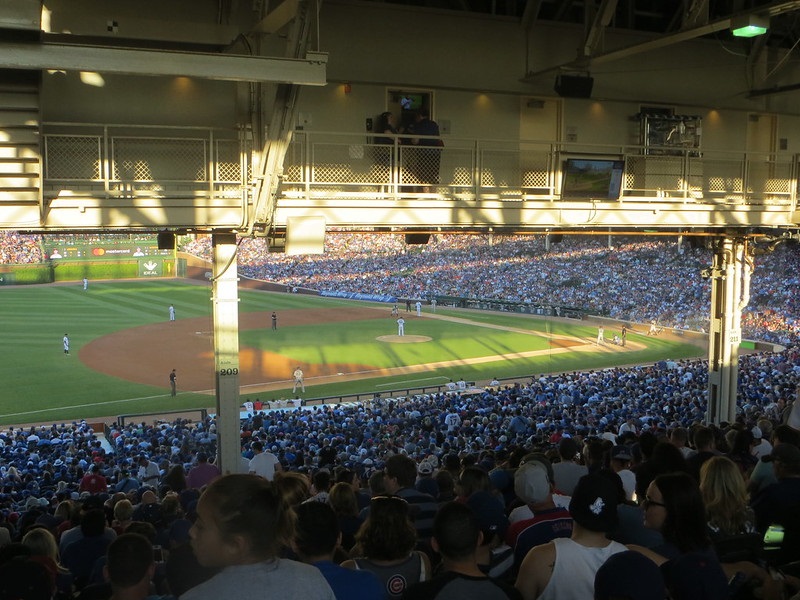 Photo taken from the terrace seats at Wrigley Field during a Chicago Cubs game.