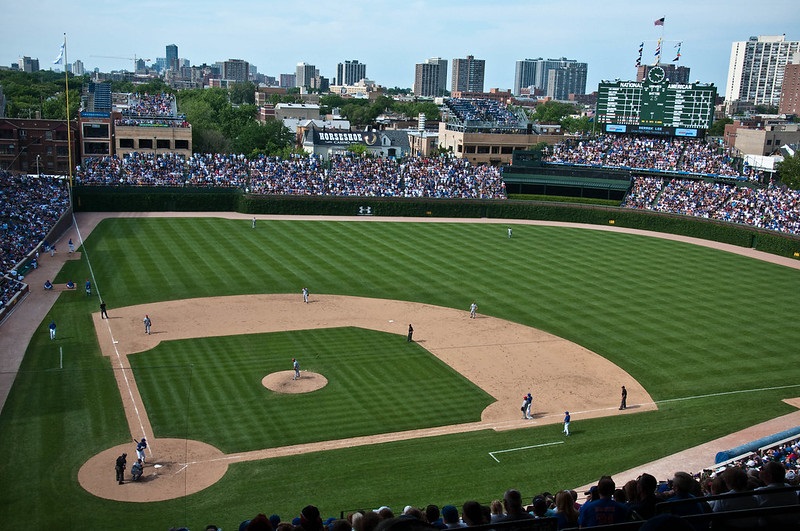Photo taken from the upper box seats at Wrigley Field taken during a Chicago Cubs home game.