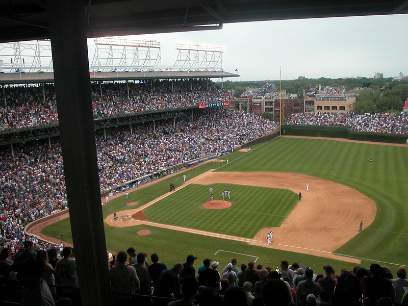 Photo taken from the upper reserved seats at Wrigley Field during a Chicago Cubs home game.