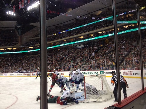 View from the glass seats at the Xcel Energy Center during a Minnesota Wild game.