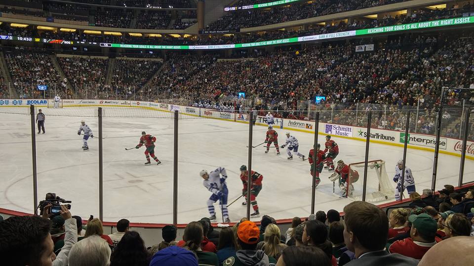 View from the lower level seats at the Xcel Energy Center during a Minnesota Wild game.