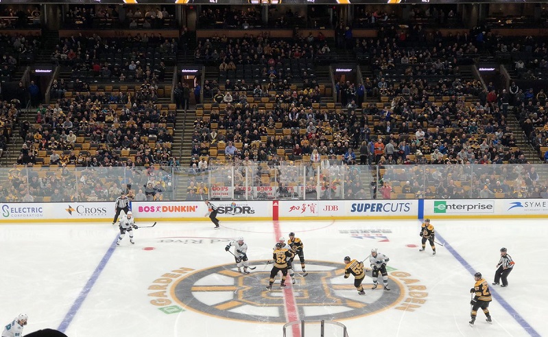 Photo of a Boston Bruins game from the club seats at the TD Garden.