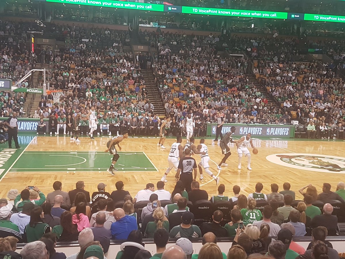 Photo of a Boston Celtics game from a loge level seat at the TD Garden.