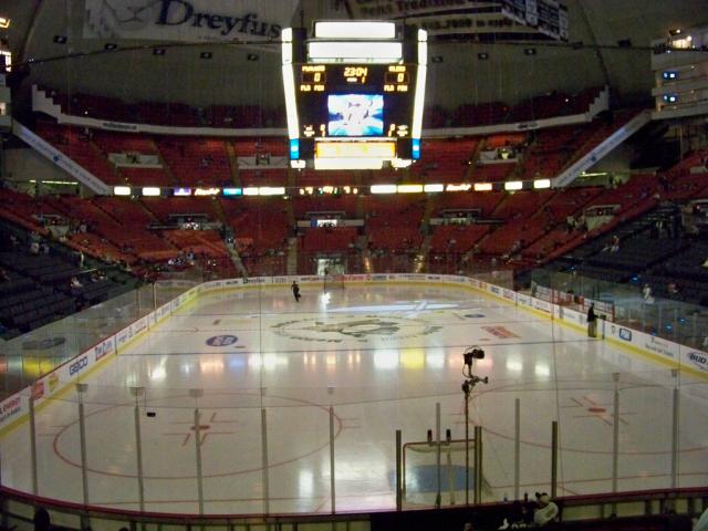 Photo of the ice at Mellon Arena, former home of the Pittsburgh Penguins.