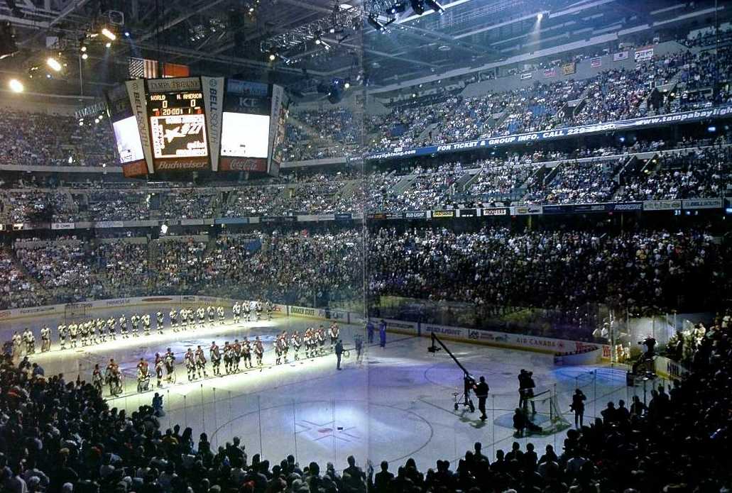 Photo of the national anthem being sung at an NHL game.