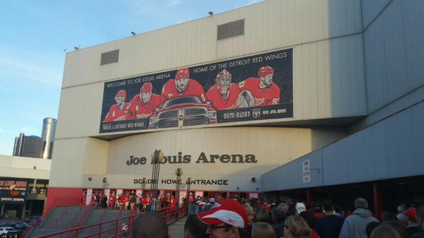 Exterior photo of Joe Louis Arena's main entrance, home of the Detroit Red Wings.