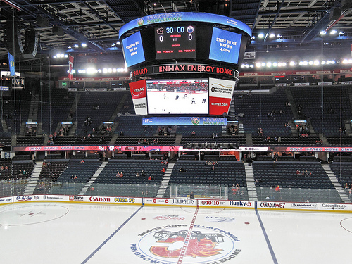 Photo of the ice at the Scotiabank Saddledome, home of the Calgary Flames.