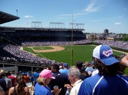 View of Wrigley Field from the Sheffield Baseball Club.