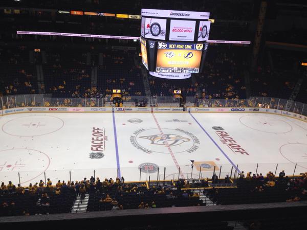 View of the ice from the upper level at Bridgestone Arena during a Nashville Predators game