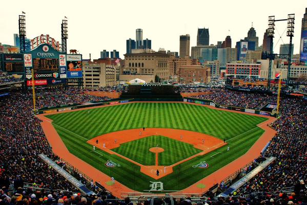 Photo of the playing field at Comerica Park.