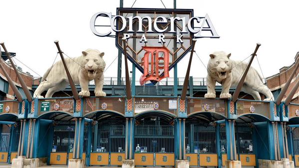 Photo of the tiger statues outside of Comerica Park.