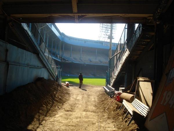 View of the playing field at Tiger Stadium from an outfield tunnel.