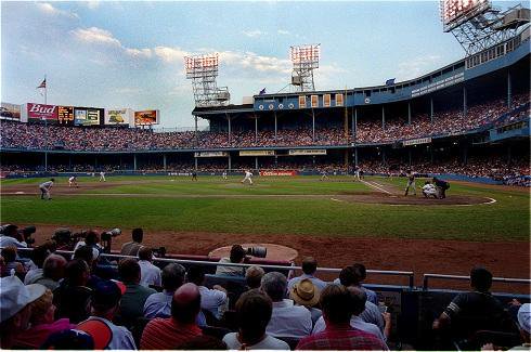 Photo of the playing field at Tiger Stadium during a Tigers game.
