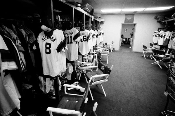 Black and white photo of the old Comiskey Park locker room. 